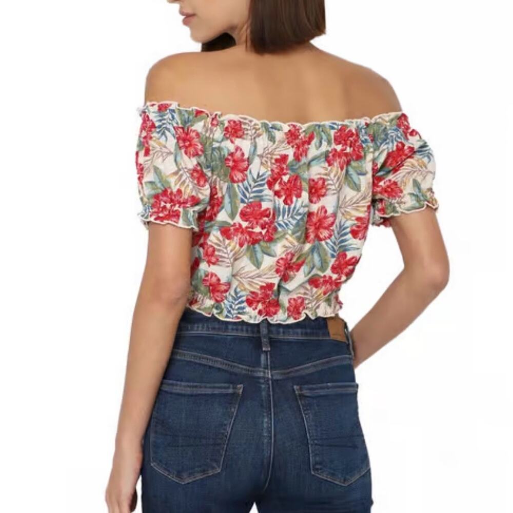 American Eagle Cotton Linen Floral‎ Cropped Off the Shoulder Floral Top Size M - Picture 3 of 9
